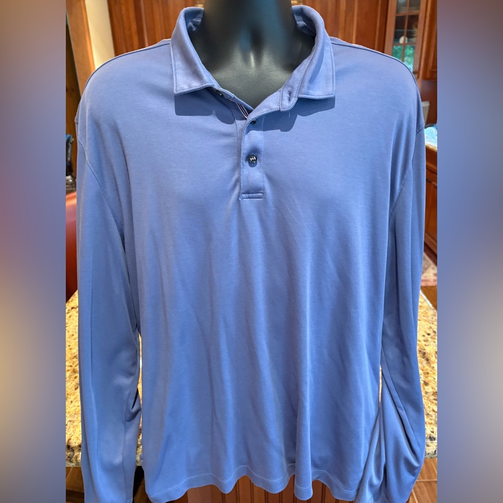 UNTUCKit Men's long sleeve polo. Sharp Light Blue with logo & contrast‎ buttons.